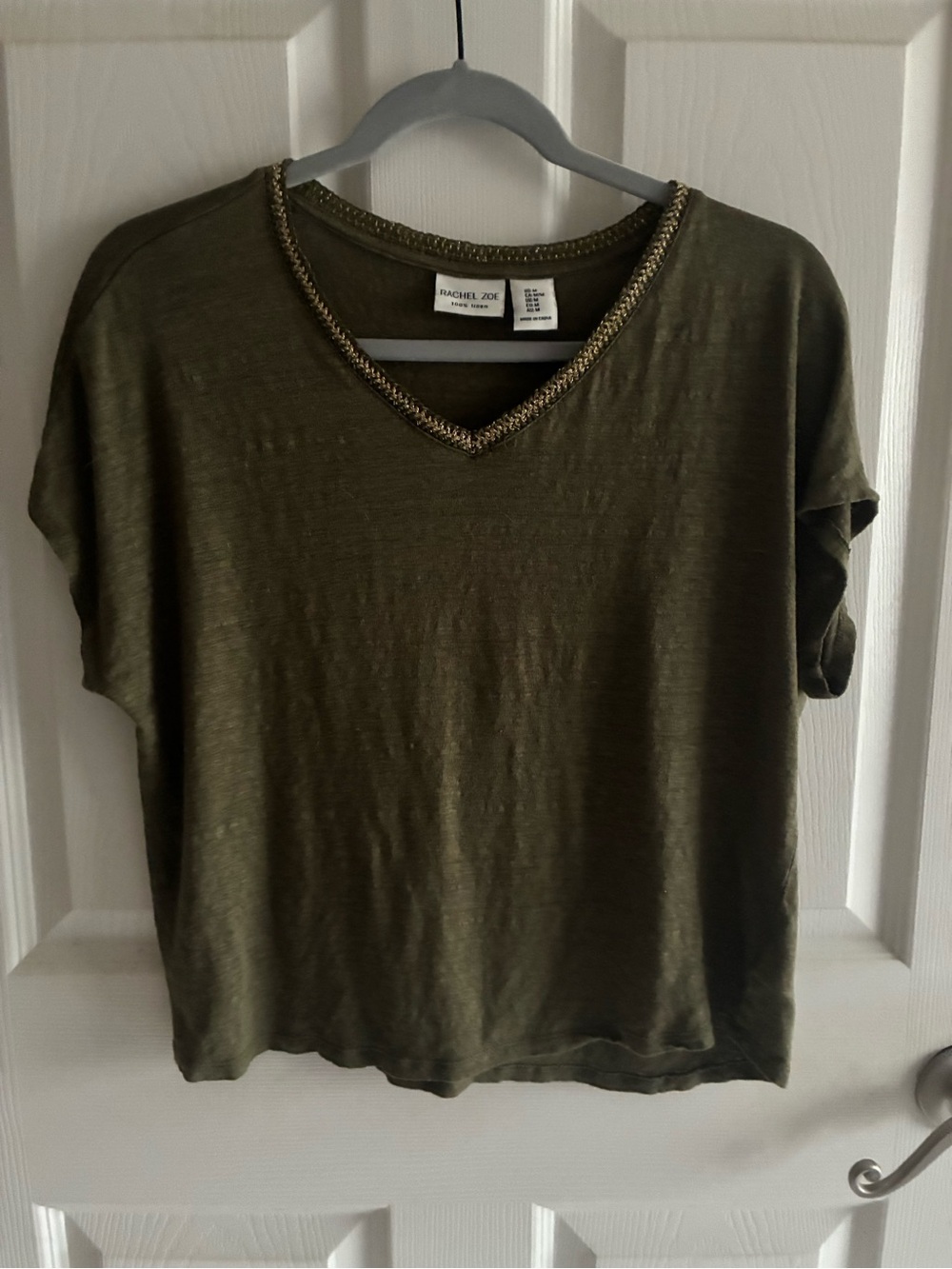Rachel Zoe Olive V-Neck Short Sleeve Top with Braided Metallic Trim